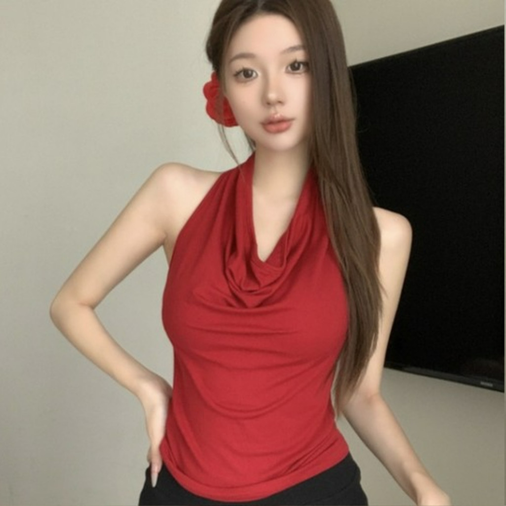 🌵GGals🌵เสื้อกั๊กสตรี สีพื้น คล้องคอ ผ้านิ่ม เสื้อครอป สไตล์เกาหลี เข้ารูป ใส่สบาย เซ็กซี่ ส่งไวจากไทย#8K131 - รูปที่ 3