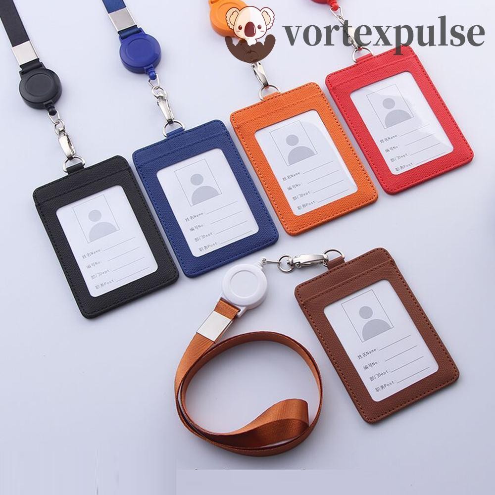 Vortexpulse ที่ใส่บัตรแบบยืดหดได้แบบพกพาธุรกิจหนัง PU Lanyard ID Holders พร้อมสายคล้องคอ
