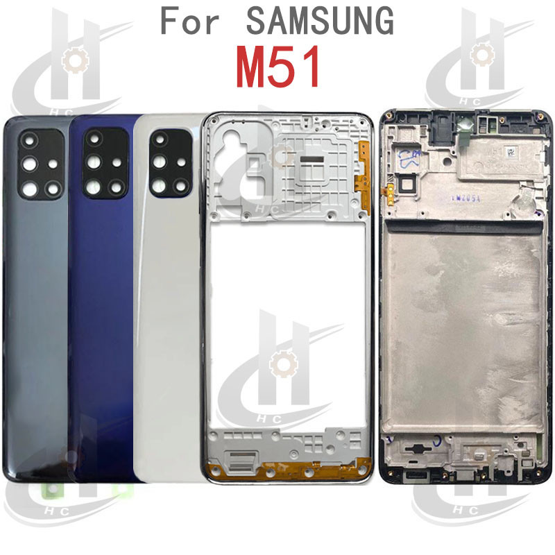 สําหรับ Samsung Galaxy M51 M515 M515F แบตเตอรี่ฝาหลังกรอบกลาง + ปุ่ม + กรอบด้านหน้า LCD + เลนส์กรอบกล้อง