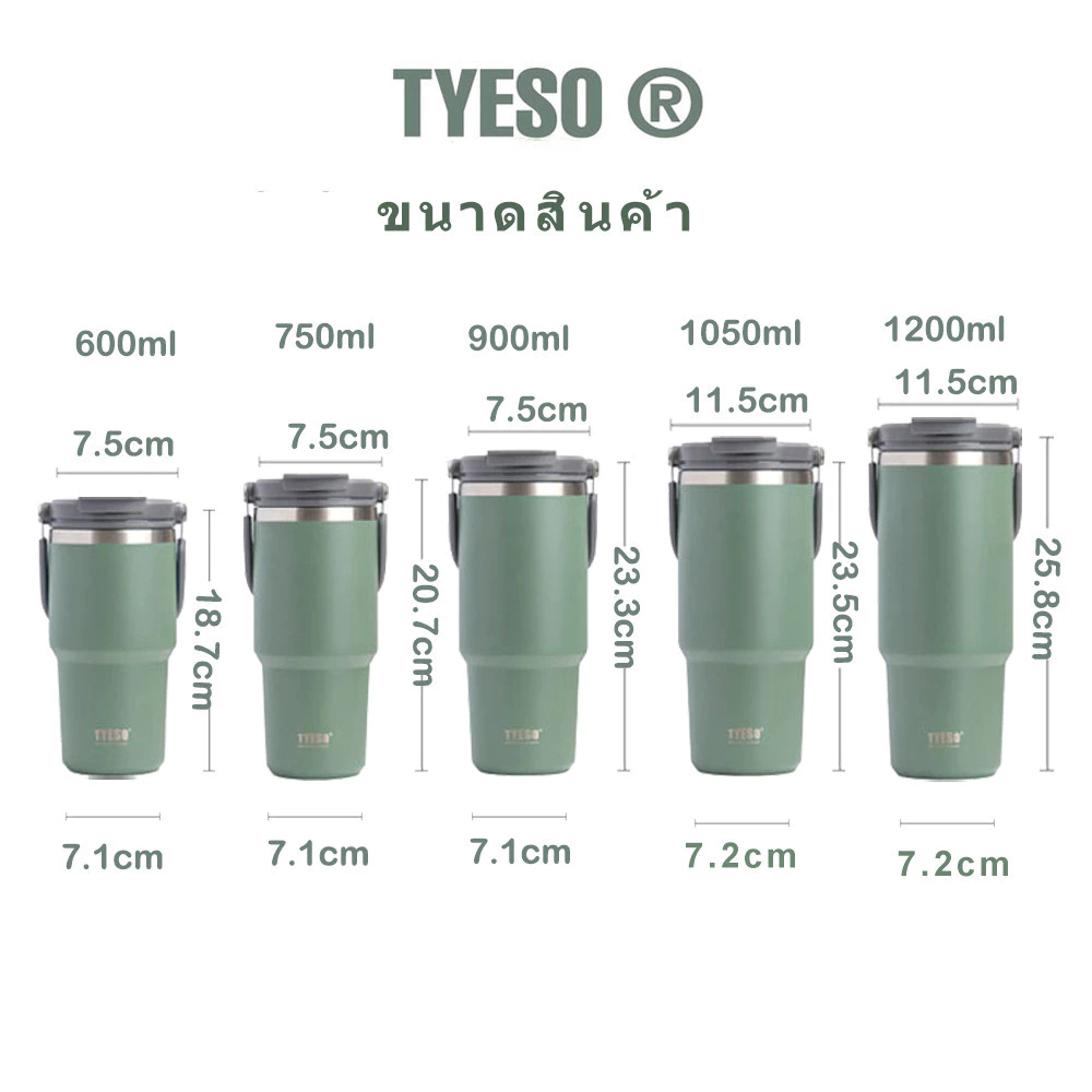 TYESO แก้วสแตนเลสของแท้ เก็บอุณหภูมิร้อนและเย็น มีหูหิ้วมีหลอด 600/750/900ml, 1050ml, 1200ml thumbnail 10