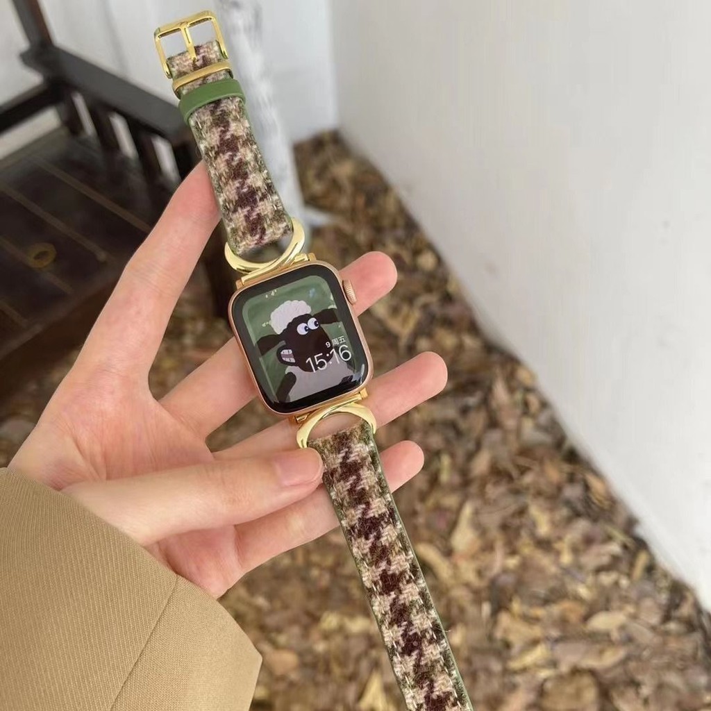 เหมาะสำหรับ Apple Watch 8th Generation applewatch7se654321 Houndstooth Wool cowhide สายนาฬิกาย้อนยุ