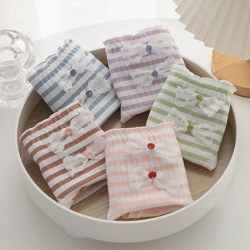 กางเกงชั้นใน ผ้าฝ้ายแท้ เอวกลาง ประดับโบว์น่ารัก สีรุ้ง สําหรับผู้หญิง - รูปที่ 3