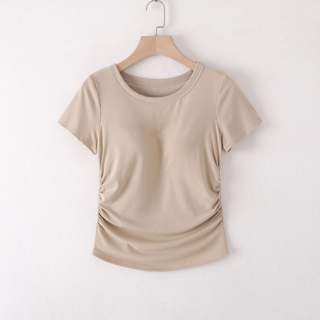 เสื้อครอปท็อป คอกลม แขนสั้น เสริมฟองน้ํา พรีเมี่ยม สําหรับผู้หญิง