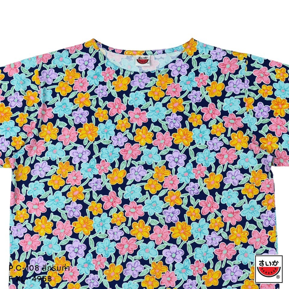 เสื้อแตงโม (SUIKA) - เสื้อยืด คอปาด โปเชียลพิมพ์ลายดอกไม้ (P.C-108) — صورة 4