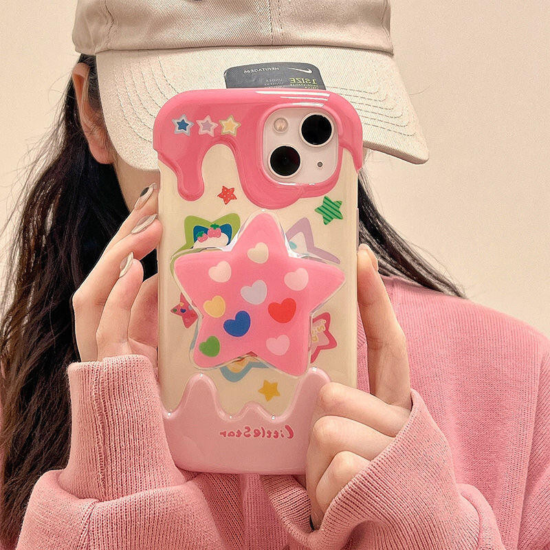 ใหม่ เคสโทรศัพท์มือถือ TPU กันกระแทก ลายดาวสีครีม พร้อมขาตั้ง สีชมพู สําหรับ Apple 13 14pro 13promax