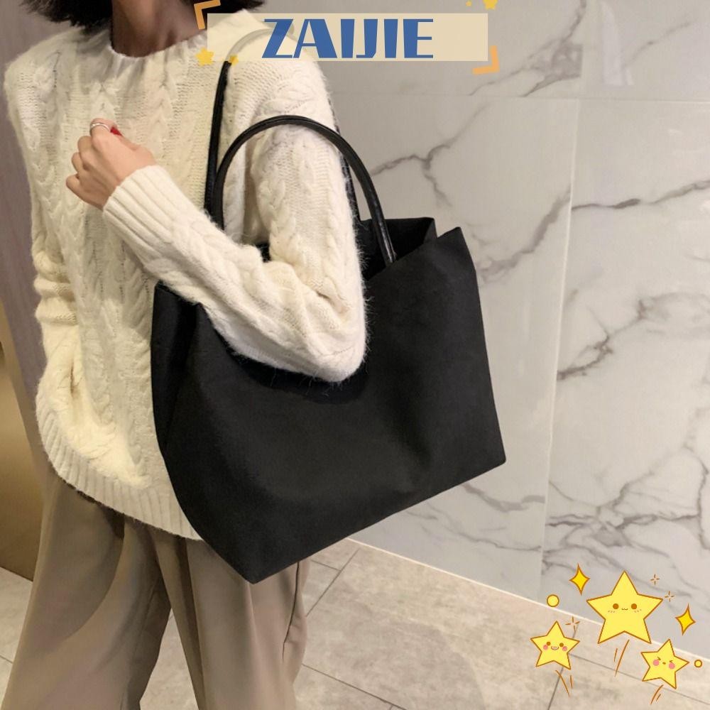 Zaijie24 กระเป๋าสะพายไหล่ กระเป๋าถือ ผ้าแคนวาส ความจุสูง สีขาว สีดํา เหมาะกับการพกพาเดินทาง