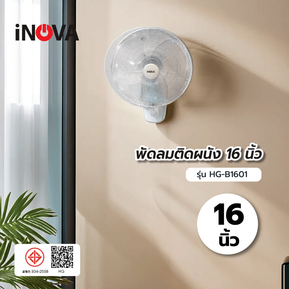 GlobalHouse INOVA พัดลมติดผนัง 16 นิ้ว รุ่นHG-B1601 สีขาว สินค้าของแท้คุณภาพดี