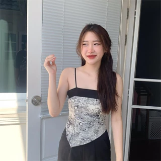 Aurora 🛒พร้อมส่ง🚚 (รูปถ่ายจากงานจริง) เสื้อสายเดี่ยว มีฟองน้ำ ลายใบไม้ สม็อคหลัง สีขาวดำครีม ดีเทลชาย ดูแพง bratop2280