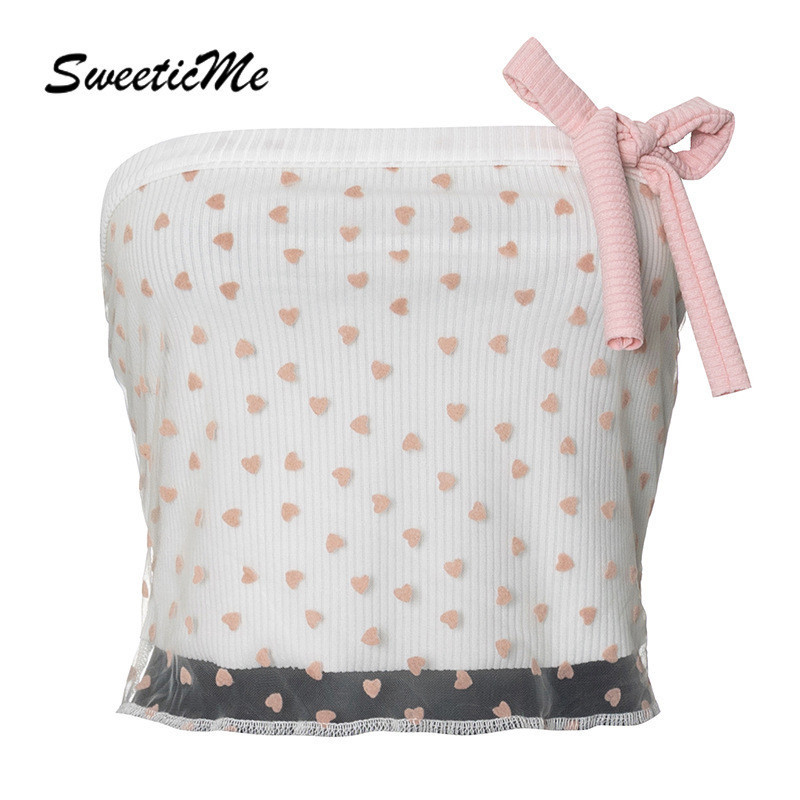 Sweeticme เสื้อท็อป ผ้าตาข่าย ลายจุด ประดับโบว์ ทรงสลิมฟิต แฟชั่นใหม่ สําหรับผู้หญิง 2024