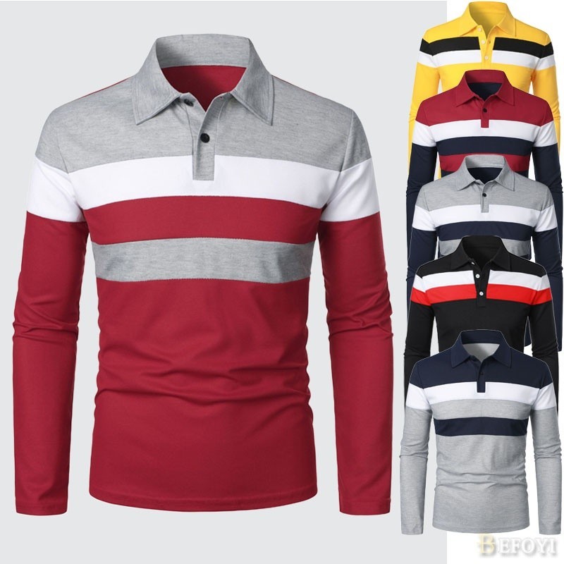 SZ030 เสื้อเชิ้ตแขนยาว คอปกโปโล ลายทาง สามสี แฟชั่น สําหรับผู้ชาย