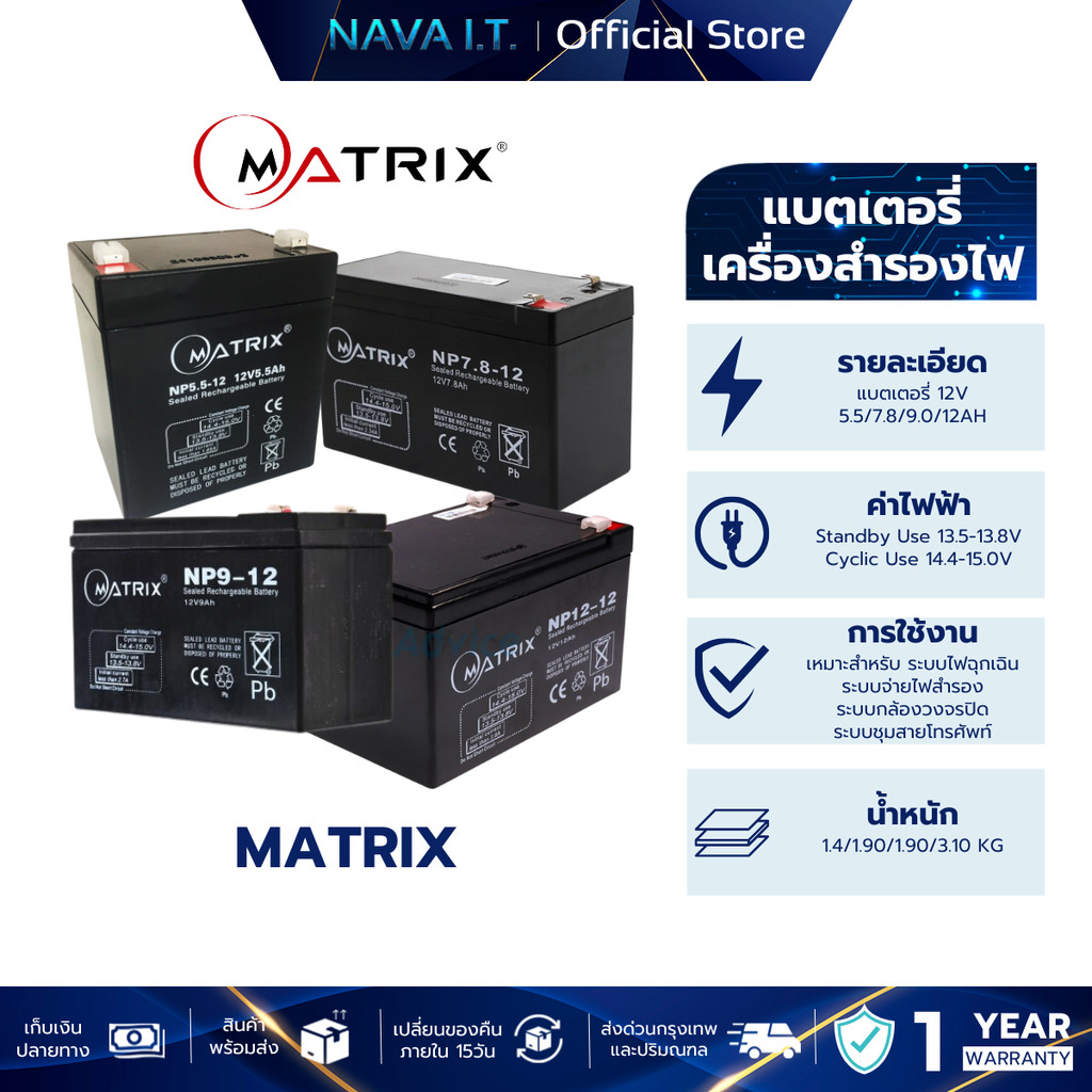 MATRIX BATTERY / KATZUNI BATTERY 7.8 9A 12A แบตเตอรี่เครื่องสำรองไฟ UPS BATTERY คุณภาพดี ไฟเต็ม