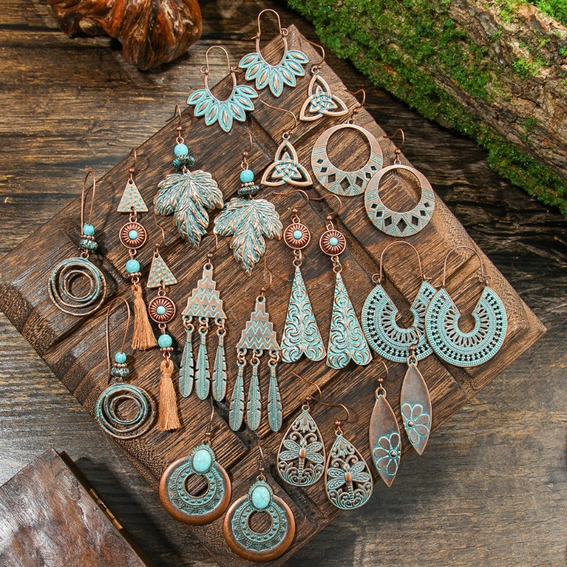 Boho Vintage ต่างหูสไตล์ชาติพันธุ์ Tribal สไตล์ Leaf Geometry ต่างหูโลหะผสมผู้หญิงอุปกรณ์เสริม Bohemian เครื่องประดับสําหรับผู้หญิง