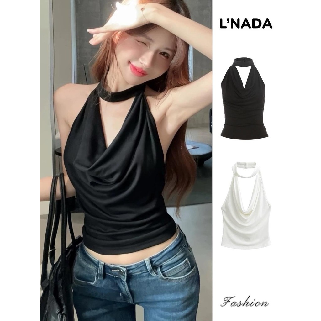 L'NADA 【พร้อมส่ง】เสื้อครอปคล้องคอ คอถ่วง Clothing(2603)