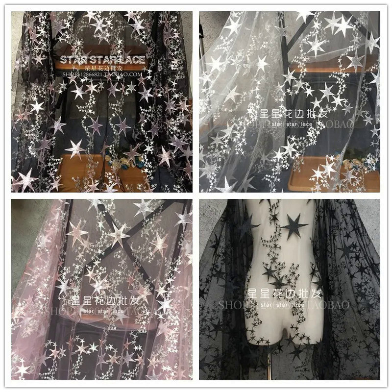 White Black Pink Embroidery Stars Mesh Lace Fabric For Children's Clothing Wedding Veil Garment Sewi