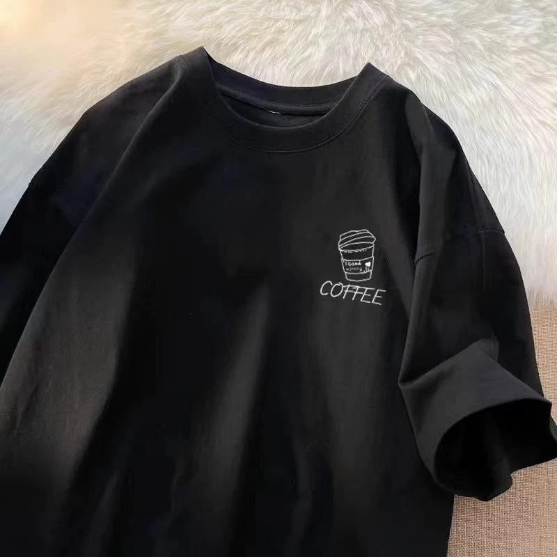 (จัดส่งตลอด 24 ชั่วโมง)เสื้อยืด Oversize เสื้อยืดโอเวอร์ไซส์ ลายแก้วกาแฟ วินเทจ สไตล์มินิมอล คอตตอน 100%
