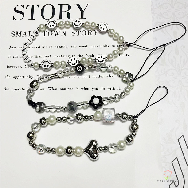 สายคล้องโทรศัพท์ลูกปัดสี่เหลี่ยมรูปหัวใจสีดำ ซีรีส์โทรศัพท์หน้ายิ้มสไตล์อินส์ เคสโทรศัพท์แบบมีสายคล้อง-CY