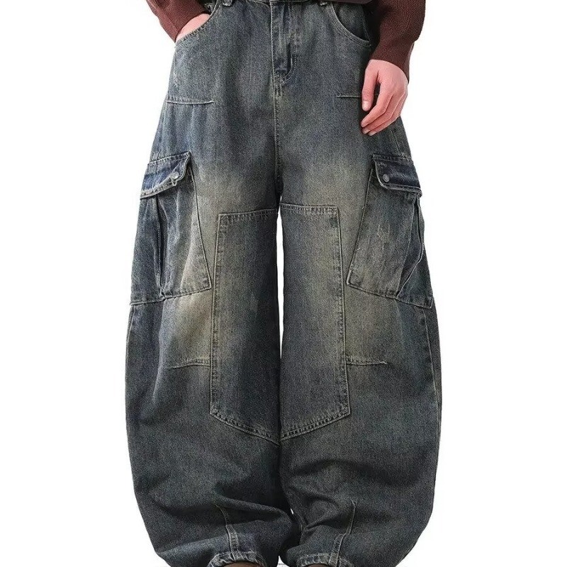 ผู้ชายโค้งมีด ชุดทํางาน กางเกงยีนส์คู่สไตล์กางเกงขากว้างหลวม