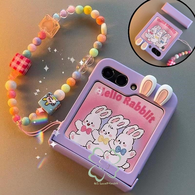เคสโทรศัพท์มือถือ กันกระแทก ปิดด้านหลัง แบบเต็มเครื่อง แต่งหูกระต่ายน่ารัก พร้อมสายโซ่คล้องมือ สําหรับ Samsung Galaxy Z Flip 5 Z Flip 4 Z Flip 3 Flip5 Flip4