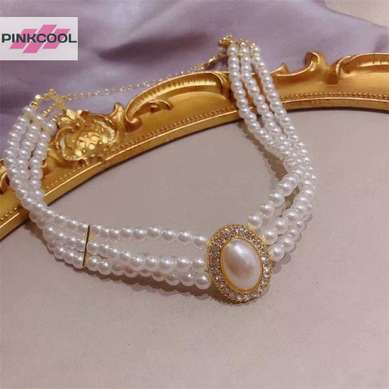 Pinkcool ฝรั่งเศส ย้อนยุค น้ําหอมขนาดเล็ก สามชั้น สร้อยคอมุก แฟลชเพชร มุก ชุดแต่งงาน กระดูกไหปลาร้า โซ่ สําหรับผู้หญิง ขายดี