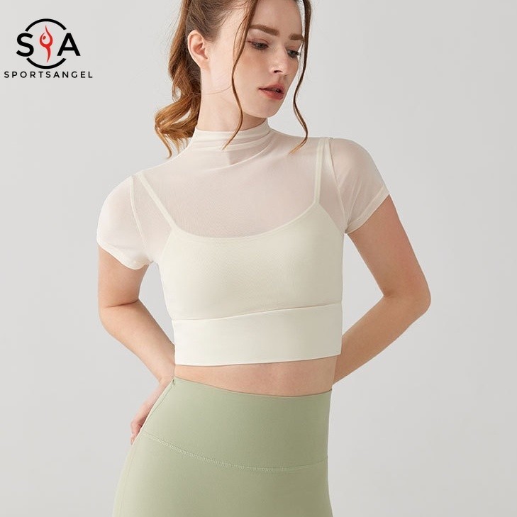 【Sportsangel】เสื้อกีฬา คอสูง ผ้าตาข่าย แห้งเร็ว เซ็กซี่ สําหรับเต้นรํา ยิม