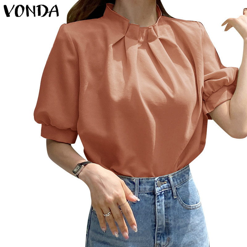 Vonda เสื้อเบลาส์ คอกลม แขนพัฟ จับจีบ สีพื้น สไตล์เกาหลี สําหรับผู้หญิง