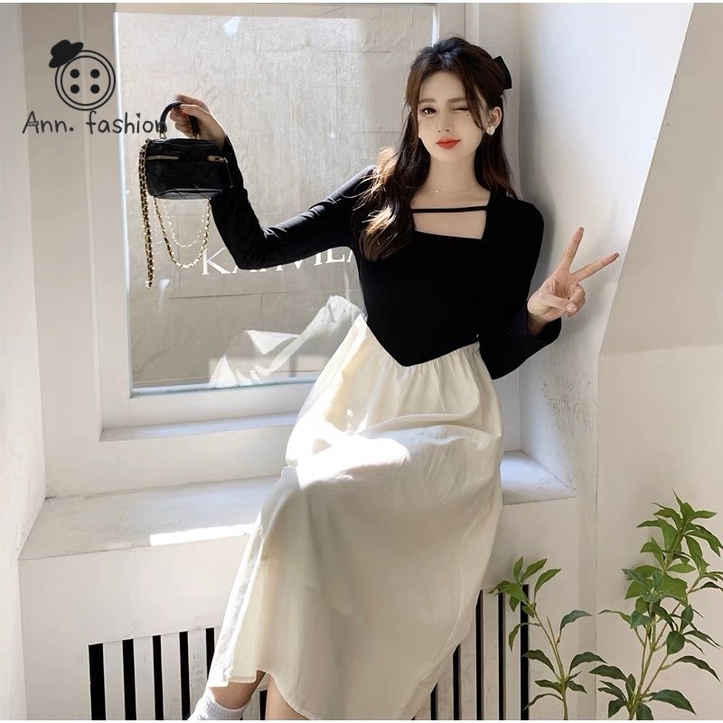Ann.Fashion ชุดเดรสทูโทน เดรสกระโปงยาว เดรสขาวดำ ตรงคอมีเชือกไขว้ คอปาด ชุดน่ารัก 2 สี #9331