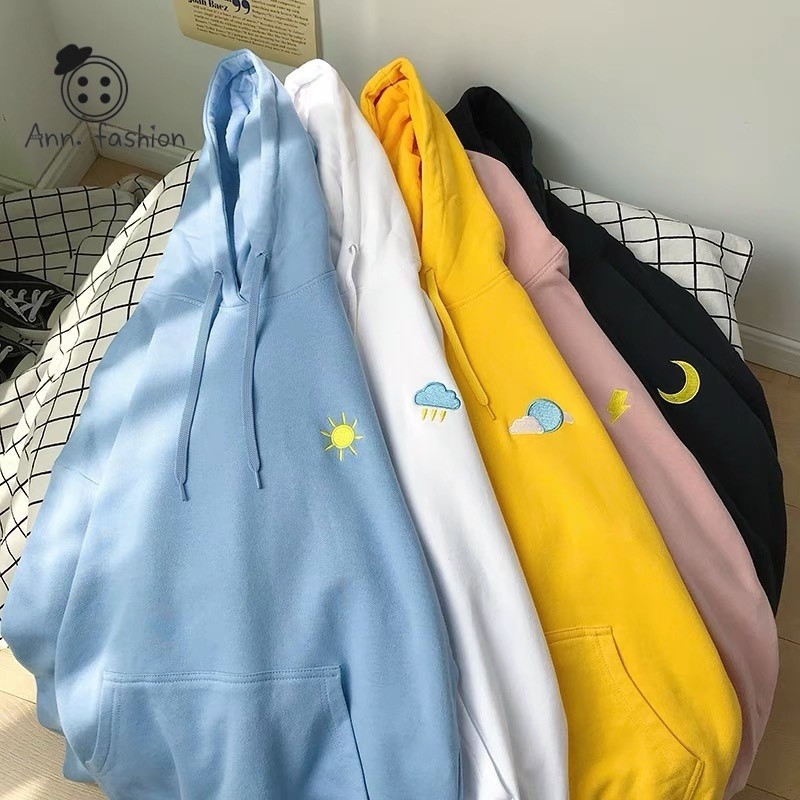 Ann New!! เสื้อกันหนาวแขนยาว มีฮู้ด ปักลายสภาพอากาศสุดคิวท์ สีพาสเทลน่ารักสุดๆ เนื้อผ้าดี แฟชั่นเกาหลี #338