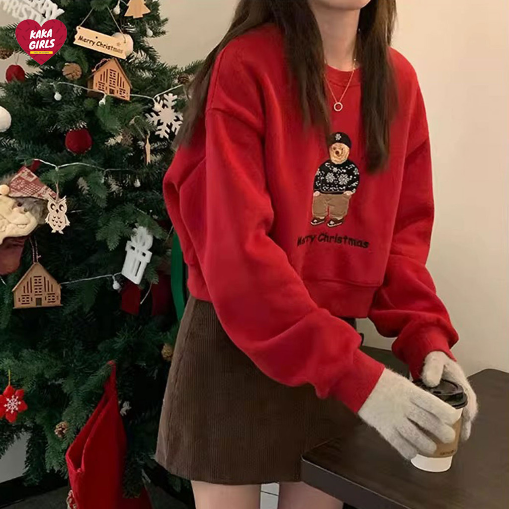 เสื้อกันหนาว แบบสวมหัว ทรงหลวม เเต่งลายน้องหมี