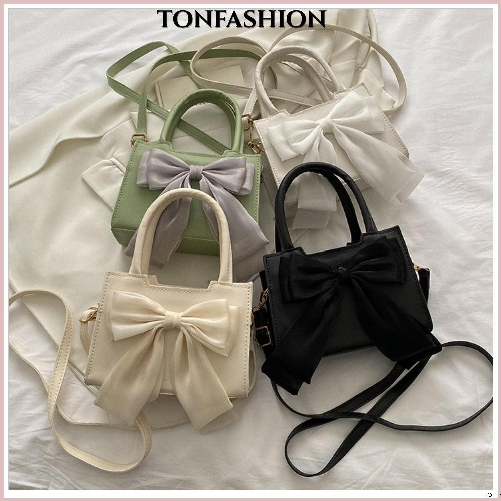 Tonfashion กระเป๋าสะพายไหล่ กระเป๋าถือ หนัง PU ประดับโบว์ ขนาดใหญ่ สีพื้น สําหรับสตรี