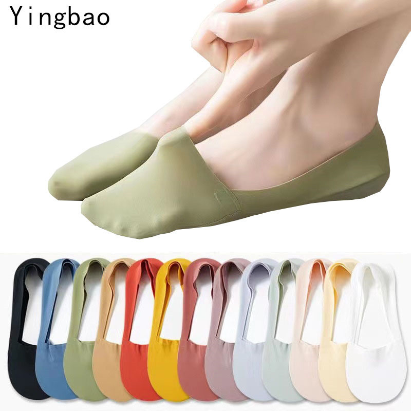 Yingbao ถุงเท้าข้อสั้น ผ้าเรยอน แบบบางพิเศษ กันลื่น ซ่อนได้ แฟชั่นฤดูร้อน สําหรับผู้หญิง