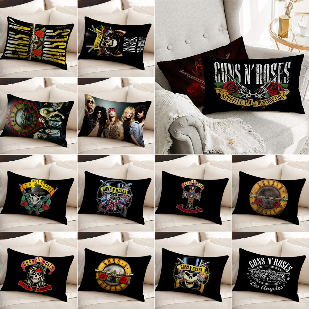 ปลอกหมอน ผ้าโพลีเอสเตอร์ พิมพ์ลายโลโก้ Guns N Roses ทรงสี่เหลี่ยมผืนผ้า ไม่มีแกน สําหรับตกแต่งบ้าน