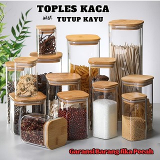 Toples Kaca Tutup Kayu Jar Kedap Udara One Two Cups Tempat Penyimpanan Makanan Kue Kering Perlengkapan Bumbu Dapur