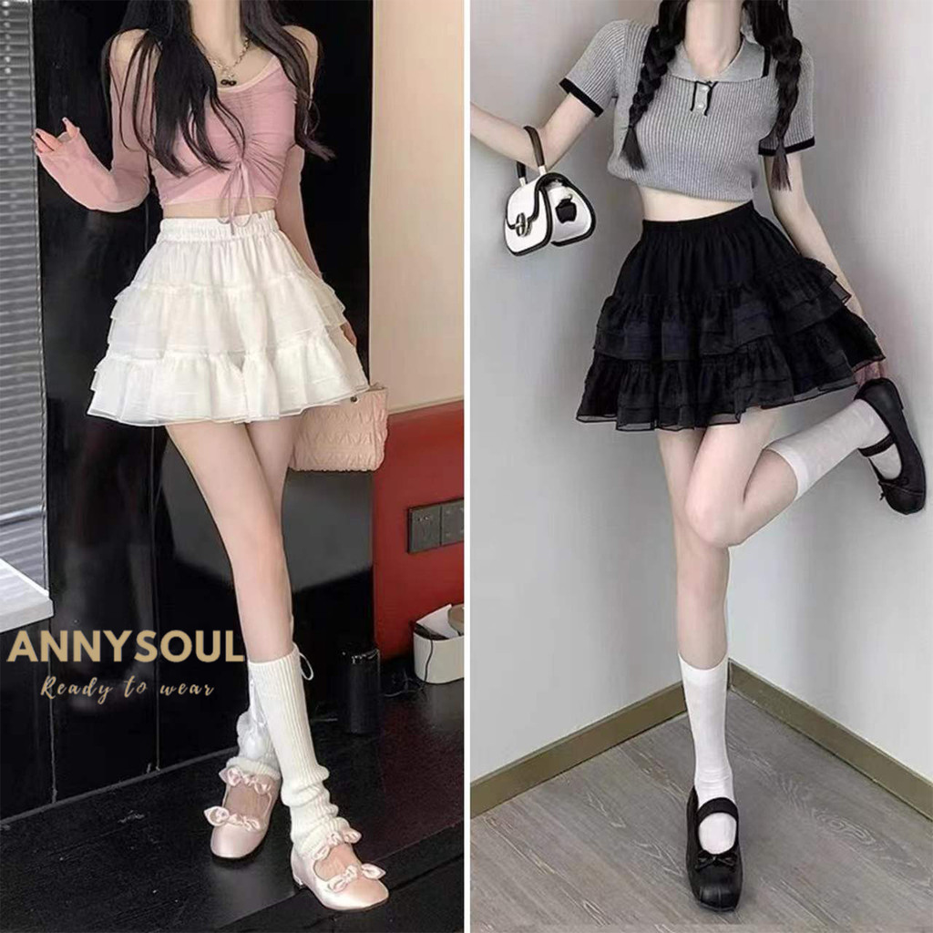 กระโปรงสั้น เเต่งเป็นชั้นลูกไม้ เอวสม็อค สำหรับผู้หญิง