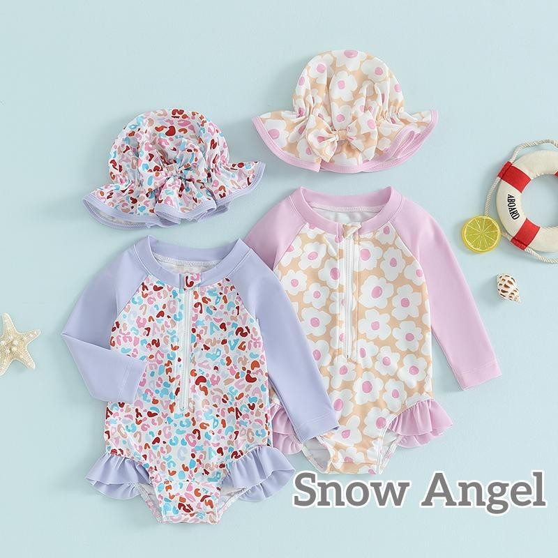 【ส่งจากไทย】​Toddler Girls Rash Guard ชุดว่ายน้ํา Rompers แขนยาว Patchwork ดอกไม้พิมพ์เด็ก Ruffles ชุดว่ายน้ําชุดว่ายน้ําหมวกว่ายน้ํา