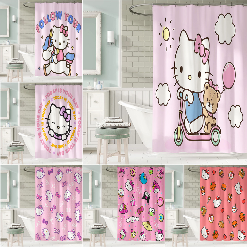 Sanrio ผ้าม่านอาบน้ํา ผ้าโพลีเอสเตอร์ กันน้ํา ลายการ์ตูน Hello Kitty พร้อมตะขอ 12 ตะขอ สําหรับตกแต่งห้องน้ํา
