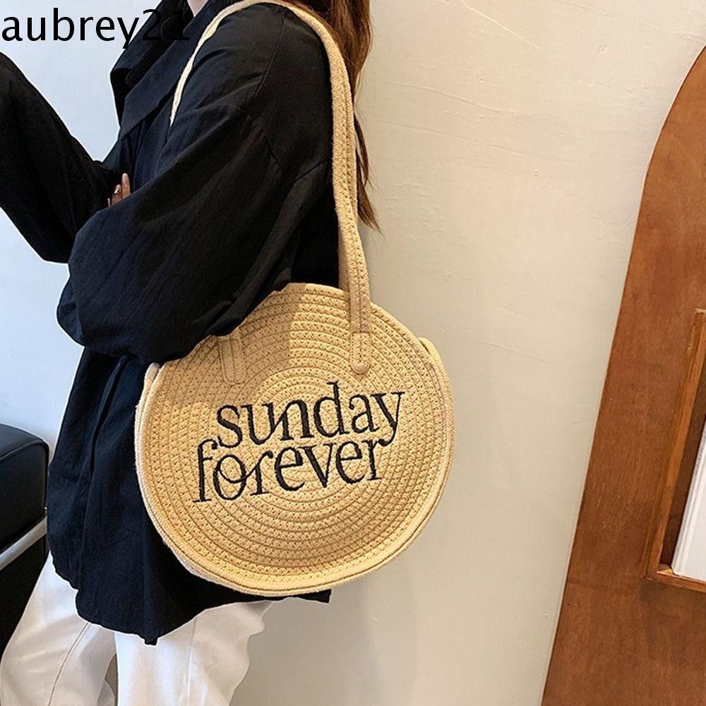Aubrey1 กระเป๋าสะพายไหล่ กระเป๋าถือ ผ้าฝ้าย ทรงกลม ปักลายตัวอักษร หรูหรา สไตล์เกาหลี