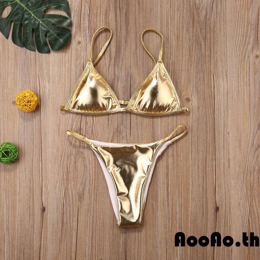 Aooao- ชุดว่ายน้ําบิกินี่ บราสีทอง และกางเกงขาสั้น ทรงสามเหลี่ยม เอวต่ํา สีพื้น เซ็กซี่ สําหรับผู้หญิง