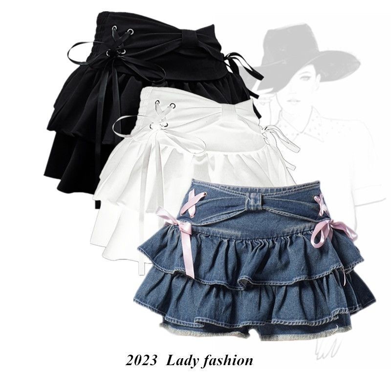 N-Yoda กระโปรงยีนสั้น ทรงเอ แต่งจับจีบ สีฟ้า