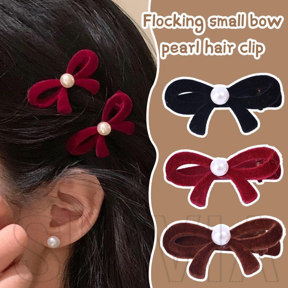 Little Bow Pearl Hair Clips - For Women Girls - Sweet, Elegant - Flocking Hairpin - Side Bangs Clip