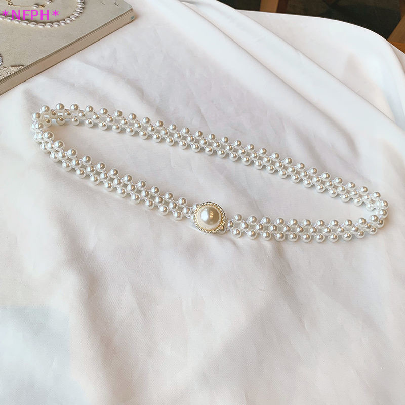 NFPH> ห่วงโซ่เอวมุกขนาดใหญ่เข็มขัดยางยืดของผู้หญิงที่มีการตกแต่งทุกการแข่งขันกระโปรงแฟชั่นลําลองออกแบบ เข็มขัด โกธิค ใ