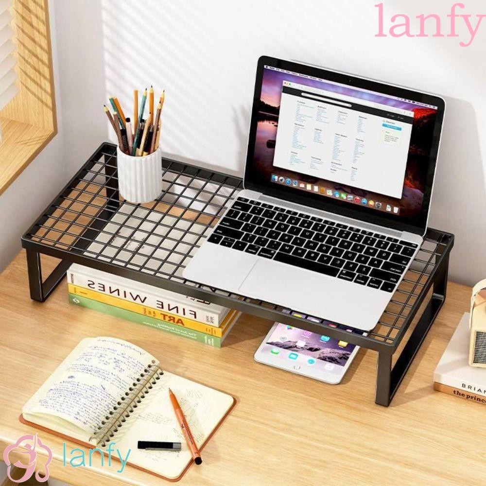 Lanfy ชั้นวางแล็ปท็อป คอมพิวเตอร์ โน๊ตบุ๊ค ระบายความร้อน ตาราง เพิ่มความสูง ที่วางแล็ปท็อป ขาตั้งโต๊ะ โลหะ สีดํา / สีขาว แบบพกพา ชั้นเก็บโน้ตบุ๊ค