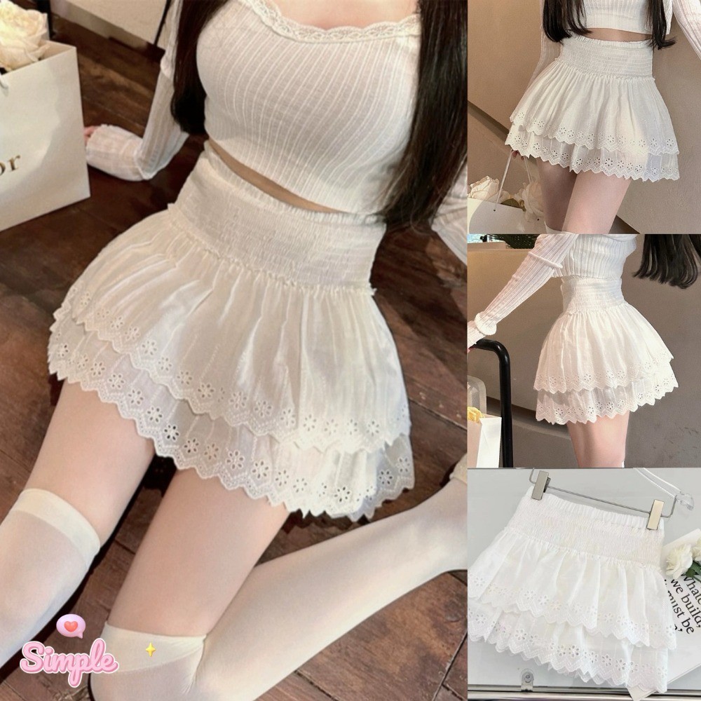 SimpleStore จัดส่งจากกรุงเทพ ใหม่กระโปรงลูกไม้สีขาวพิมพ์ลาย กระโปรงทรงเค้กเอวยางยืดสไตล์เกาหลีสำหรับผู้หญิง 209