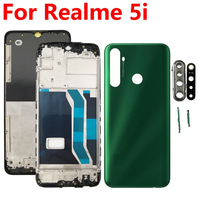 ฝาหลังที่อยู่อาศัยกรอบสําหรับRealme 5i RMX2030 RMX2032 LCDด้านหน้ากรอบกลางฝาหลังแบตเตอรี่พร้อมปุ่มเลนส์กล้อง