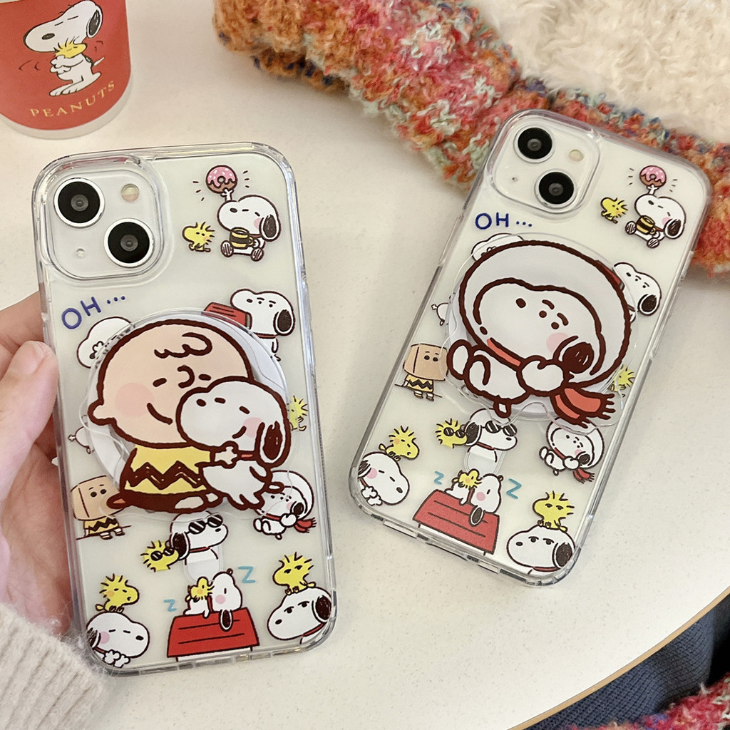 เคสโทรศัพท์มือถือ TPU กันกระแทก ลาย Charlie Snoopy พร้อมขาตั้งแม่เหล็ก สําหรับ iphone 11 12 13 14 15 Pro Max
