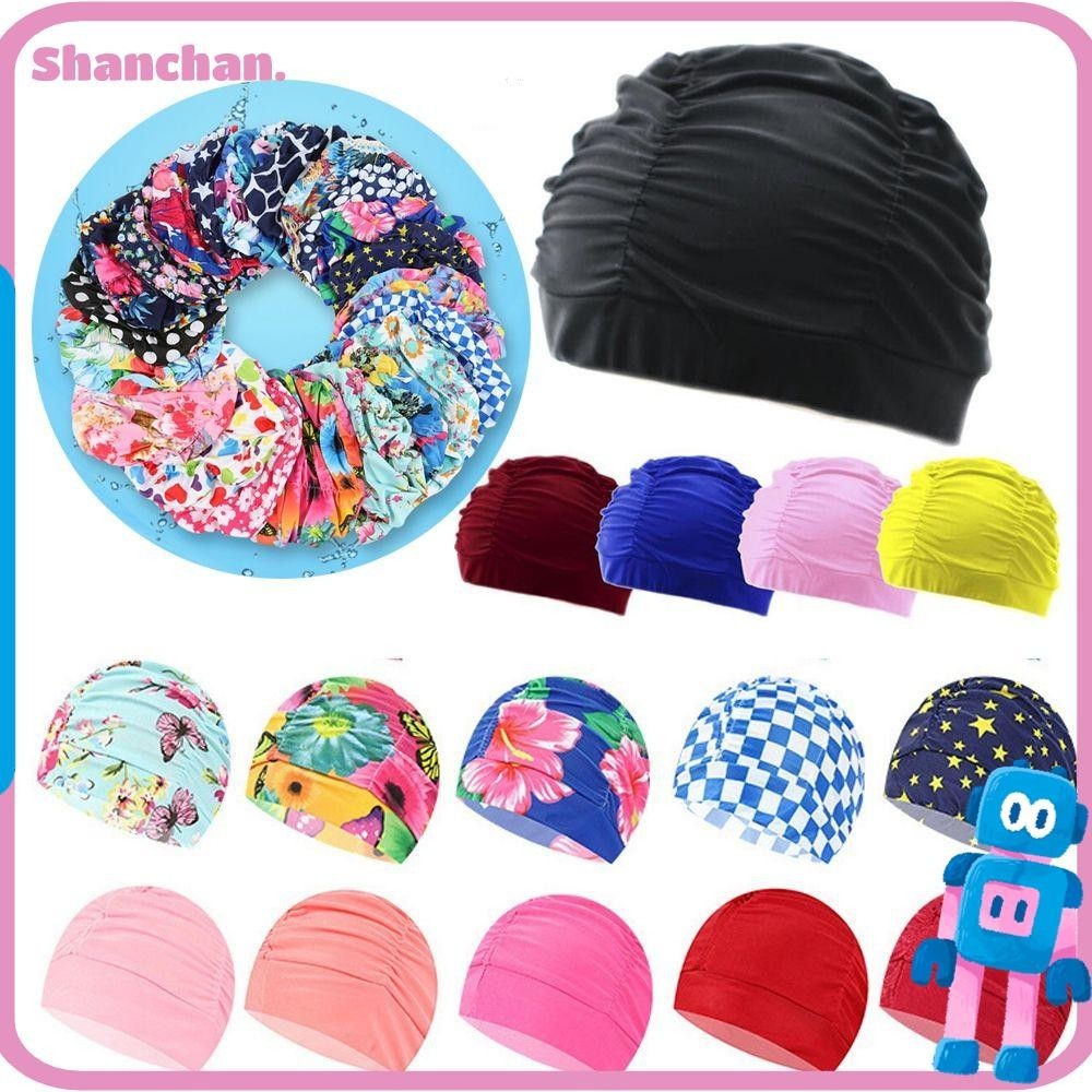 Shanchan หมวกว่ายน้ํา ผ้าโพกหัว ผ้าไนล่อน จับจีบ ฟรีไซซ์ สําหรับผู้ชายและผู้หญิง
