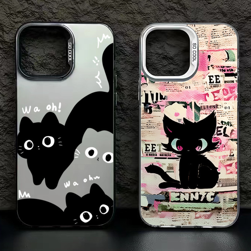 เคสโทรศัพท์มือถือแบบแข็ง ผิวด้าน กันกระแทก ลายการ์ตูนแมวดํา สําหรับ iPhone 11 12 13 14 15 Pro Max XR X XS 7 8 Plus
