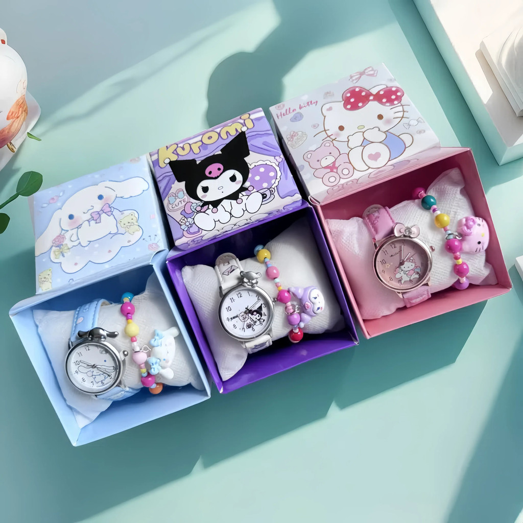 SANRIO น่ารัก ซานริโอ นาฬิกากันน้ําใหม่ คุโรมิ ทํานอง ซินนามอนโรล สร้างสรรค์ออกแบบชุดกล่องของขวัญนาฬิกาคุณภาพสูง