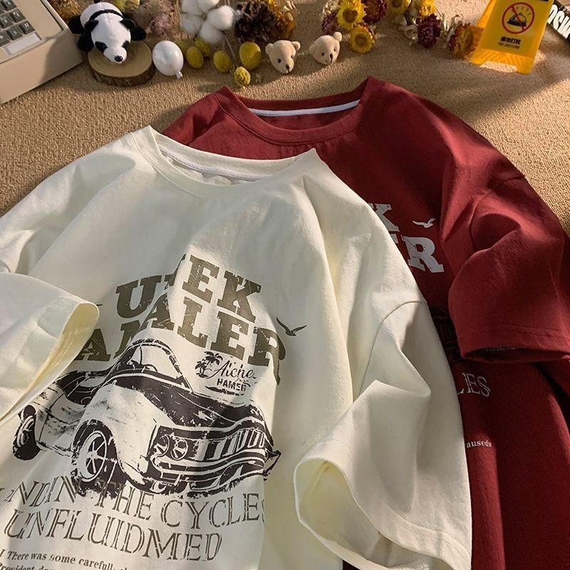 (จัดส่งตลอด 24 ชั่วโมง)เสื้อยืด Oversizeเสื้อยืดโอเวอร์ไซส์แนวสตรีท ลายรถคลาสสิก USA คอตตอน 100%