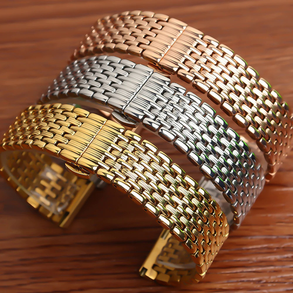 สายสแตนเลสผู้ชายนาฬิกาอุปกรณ์เสริมสําหรับ Longines Jiayu สายเหล็กผู้หญิงปุ่มคู่ผีเสื้อหัวเข็มขัดสายนาฬิกา