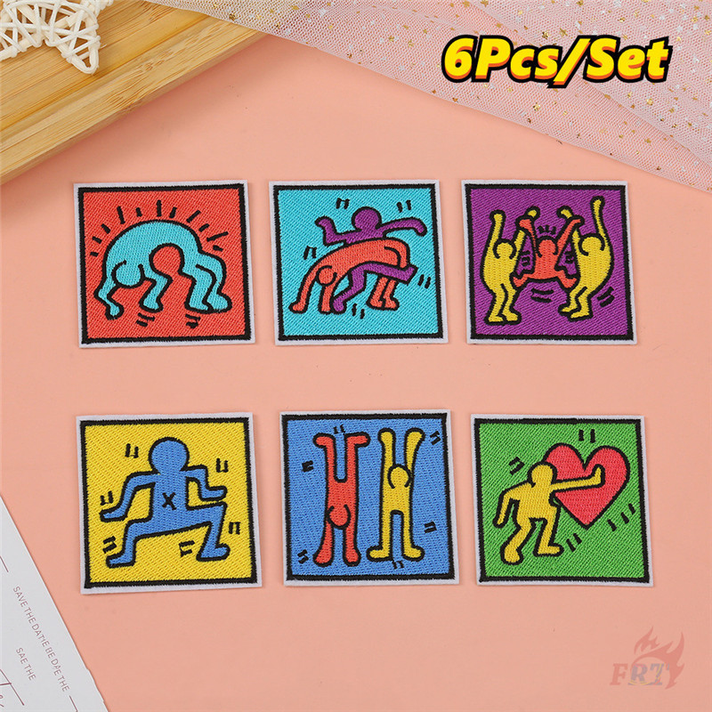 แผ่นแพทช์เหล็ก ลายศิลปะ Keith Haring สไตล์สตรีท แผ่นแพทช์รีดติดเสื้อ DIY 6 ชิ้น/ชุด
